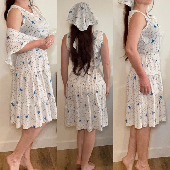 Vintage 70s 2 Piece set white Polka Dot Dress w/ Flowers matching shawl M Medium - Picture 2 of 6